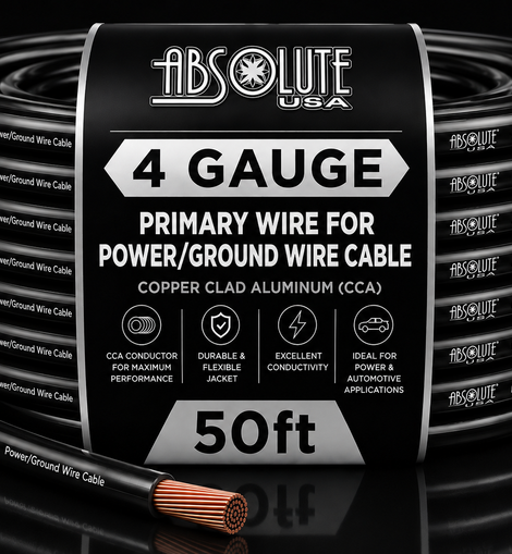 Absolute PROP4G50BK Pro Series Black 50 Feet 4 Gauge Ultra Flexible Power/Ground Battery Amp 12V Cable Wire
