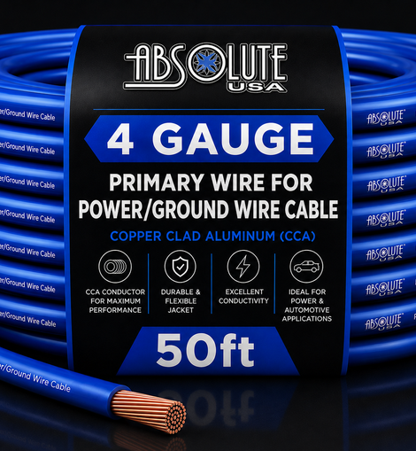 Absolute PROP4G50BL Pro Series Blue 50 Feet 4 Gauge Ultra Flexible Power/Ground Battery Amp 12V Cable Wire