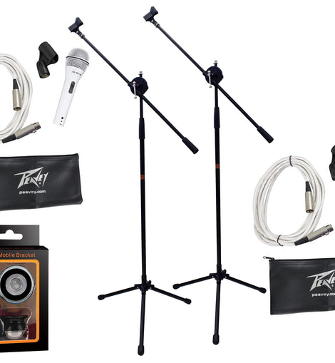 2 Peavey Pvi2 White Microphone w/Mic Clip & Carrying Bag + Microphone Stand Series Bundle