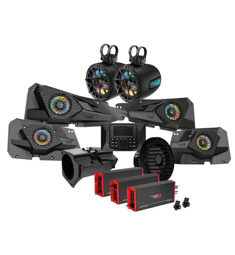 Cerwin Vega RPMRZRKM43 2014+ RZR XP 4DR 1110W Complete Audio Kit with 3 Amplifiers, Media Center, Front and Rear 6.5” 2-Way Door Speakers, 6.5” 2-Way Tower Speakers and 10