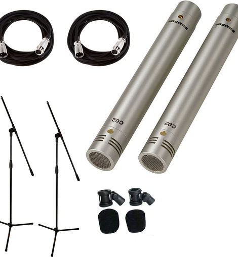 Samson C02 Pencil Condenser Pencil Microphones Pair +2 MR DJ Mic Stand & XLR Cable