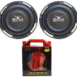 2 Absolute XS-1000 10" 1500 Watts Slim Shallow Subwoofer + 8 Gauge Amp Kit
