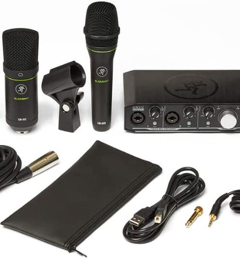 Mackie Producer Bundle with Onyx Producer interface, EM89D dynamic mic, EM91C condenser mic and MC-100 headphones.