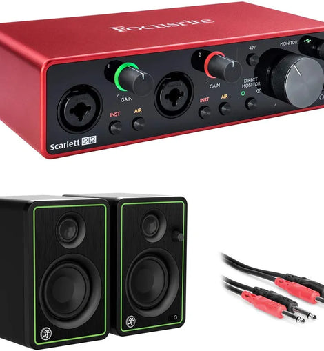 Focusrite Scarlett 2i2 USB Audio Interface 3rd Ge, Mackie CR3-X Powered Monitors & MR DJ 1/4