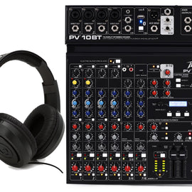 Peavey PV10 BT 10-Channel Mixer w/ Bluetooth 3-Band EQ Bypass for Recording+Samson SR350 Closed-back Over-ear Headphones