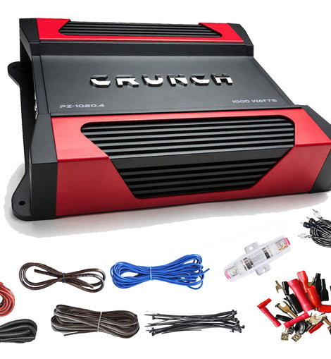 Crunch Powerzone PZ-1020.4 1000W Max (500W RMS) 2-ohm Stable 4-Channel Amplifier with Absolute KIT8 8 Gauge Complete Amp Kit